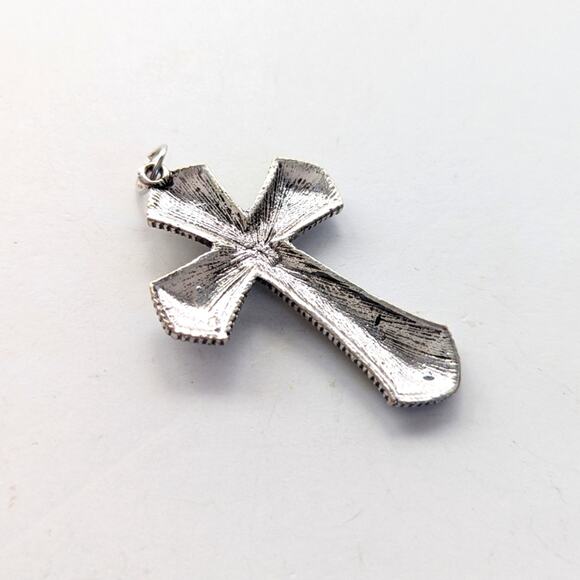 Southwestern Silver Tone Ornate Scrolling Floral Faux Turquoise Cross Pendant - Picture 2 of 3